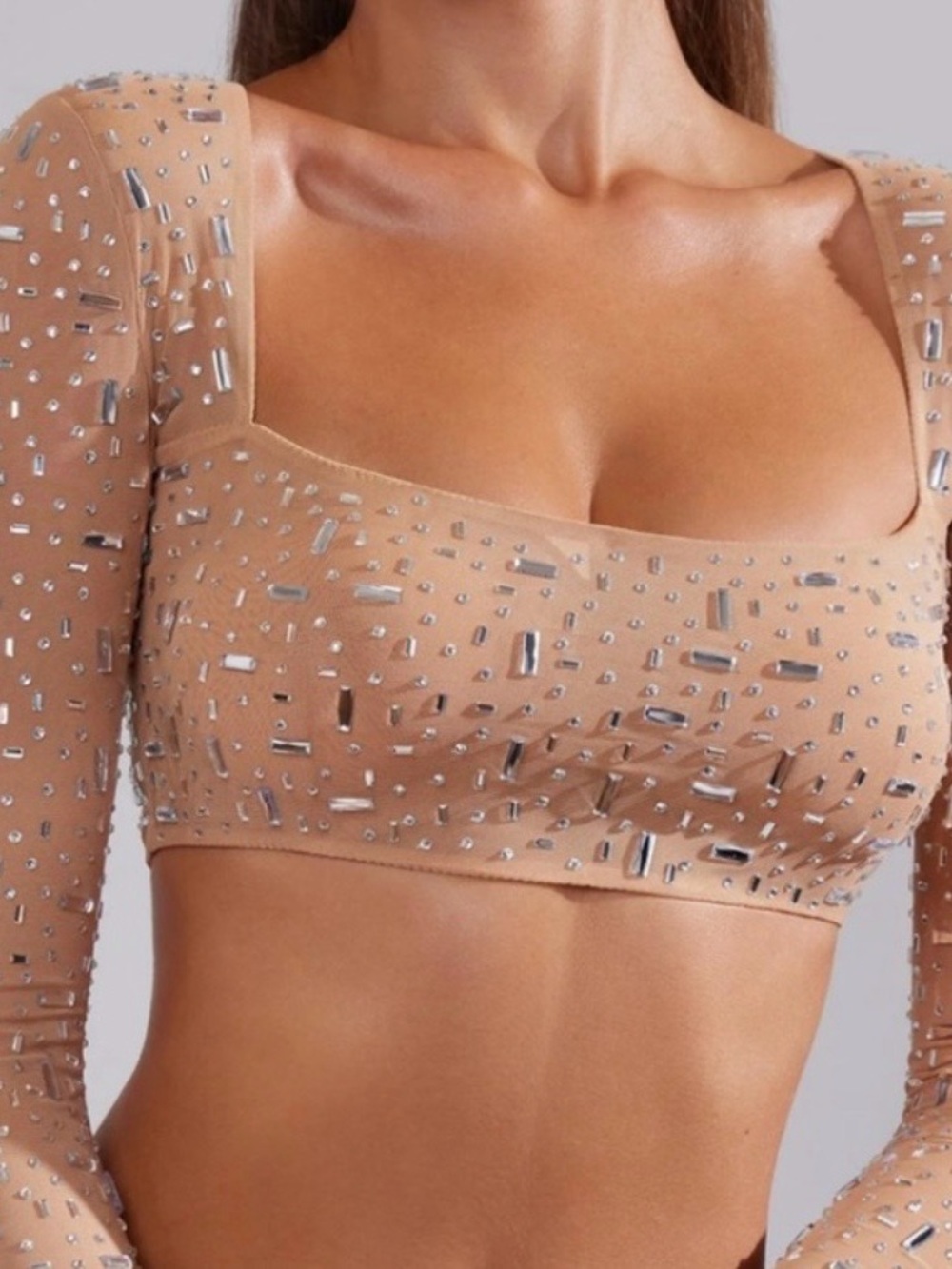 SHEER EMBELLISHED LONG SLEEVE SQUARE NECK CROP TOP / SIZE 0